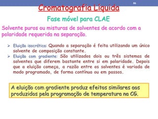 Cromatografia Líquida
A eluição com gradiente produz efeitos similares aos
produzidos pela programação de temperatura na CG.
Solvente puros ou misturas de solventes de acordo com a
polaridade requerida na separação.
Fase móvel para CLAE
 Eluição isocrática: Quando a separação é feita utilizando um único
solvente de composição constante.
 Eluição com gradiente: São utilizados dois ou três sistemas de
solventes que diferem bastante entre si em polaridade. Depois
que a eluição começa, a razão entre os solventes é variada de
modo programado, de forma contínua ou em passos.
86
 