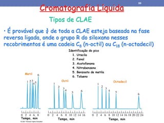 Cromatografia Líquida
Tipos de CLAE
• É provável que ¾ de toda a CLAE esteja baseada na fase
reversa ligada, onde o grupo R do siloxano nesses
recobrimentos é uma cadeia C8 (n-octil) ou C18 (n-octadecil)
99
 