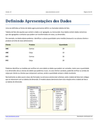 Versão: 2.0 www.marcelosincic.com.br Página 22 de 59
www.marcelosincic.com.br Reprodução e distribuição livre
Definindo Apresentações dos Dados
Uma vez definidas as fontes de dados agora precisamos definir as chamadas tabelas de fato.
Tabelas de fato são aquelas que contem o dado a ser agregado, ou mensurado. Essa tabela contem dados númericos
que são agregados e atributos que podem ser transformados em eixos, ou dimensões.
Por exemplo, na tabela abaixo podemos identificar a coluna quantidade como medida (measure) e as colunas cliente e
produto servirão de eixos (dimensions).
Cliente Produto Quantidade
ABC Camisa 20
ABC Calça 10
XYZ Camisa 30
XYZ Calça 20
Podemos identificar as medidas por verificar em uma tabela os dados que podem ser somados, neste caso a quantidade.
E as dimensões são as colunas da tabela que podemos cruzar, no caso cliente e produto, podendo verificar as vendas de
calças por cliente ou clientes que compraram camisas, sendo a quantidade sempre o dado resultante.
Normalmente os data source views são formados na estrutura estrela (star schema), onde a tabela de fatos tem códigos
que se relacionam com as tabelas de dimensão. O modelo abaixo demonstra bem esta relação entre a tabela de fato e
as tabelas de dimensão.
 