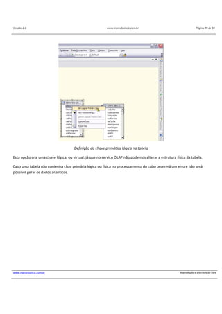 Versão: 2.0 www.marcelosincic.com.br Página 29 de 59
www.marcelosincic.com.br Reprodução e distribuição livre
Definição da chave primática lógica na tabela
Esta opção cria uma chave lógica, ou virtual, já que no serviço OLAP não podemos alterar a estrutura física da tabela.
Caso uma tabela não contenha chav primária lógica ou física no processamento do cubo ocorrerá um erro e não será
possivel gerar os dados analíticos.
 