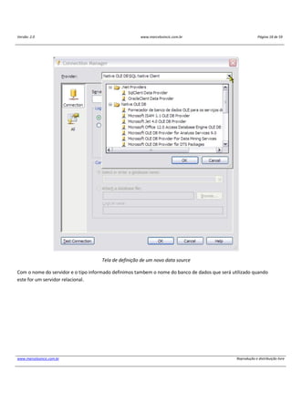Versão: 2.0 www.marcelosincic.com.br Página 18 de 59
www.marcelosincic.com.br Reprodução e distribuição livre
Tela de definição de um novo data source
Com o nome do servidor e o tipo informado definimos tambem o nome do banco de dados que será utilizado quando
este for um servidor relacional.
 