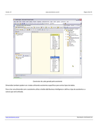 Versão: 2.0 www.marcelosincic.com.br Página 36 de 59
www.marcelosincic.com.br Reprodução e distribuição livre
Construtor do cubo gerado pelo assistente
Dimensões tambem podem ser criadas utilizando assistentes específicos para certos tipos de dados.
Para criar uma dimensão com o assistente utilize o botão Add Business Intelligence e defina o tipo de assistente e a
coluna que será utilizada.
 