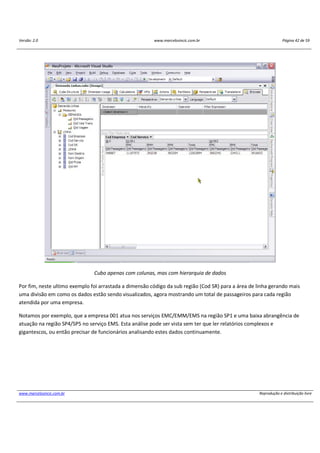 Versão: 2.0 www.marcelosincic.com.br Página 42 de 59
www.marcelosincic.com.br Reprodução e distribuição livre
Cubo apenas com colunas, mas com hierarquia de dados
Por fim, neste ultimo exemplo foi arrastada a dimensão código da sub região (Cod SR) para a área de linha gerando mais
uma divisão em como os dados estão sendo visualizados, agora mostrando um total de passageiros para cada região
atendida por uma empresa.
Notamos por exemplo, que a empresa 001 atua nos serviços EMC/EMM/EMS na região SP1 e uma baixa abrangência de
atuação na região SP4/SP5 no serviço EMS. Esta análise pode ser vista sem ter que ler relatórios complexos e
gigantescos, ou então precisar de funcionários analisando estes dados continuamente.
 