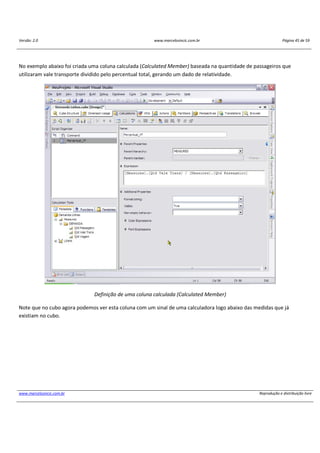 Versão: 2.0 www.marcelosincic.com.br Página 45 de 59
www.marcelosincic.com.br Reprodução e distribuição livre
No exemplo abaixo foi criada uma coluna calculada (Calculated Member) baseada na quantidade de passageiros que
utilizaram vale transporte dividido pelo percentual total, gerando um dado de relatividade.
Definição de uma coluna calculada (Calculated Member)
Note que no cubo agora podemos ver esta coluna com um sinal de uma calculadora logo abaixo das medidas que já
existiam no cubo.
 