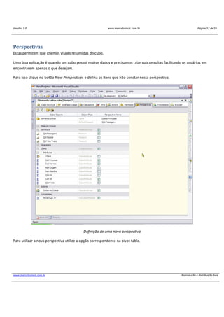 Versão: 2.0 www.marcelosincic.com.br Página 52 de 59
www.marcelosincic.com.br Reprodução e distribuição livre
Perspectivas
Estas permitem que criemos visões resumidas do cubo.
Uma boa aplicação é quando um cubo possui muitos dados e precisamos criar subconsultas facilitando os usuários em
encontrarem apenas o que desejam.
Para isso clique no botão New Perspectives e defina os itens que irão constar nesta perspectiva.
Definição de uma nova perspectiva
Para utilizar a nova perspectiva utilize a opção correspondente na pivot table.
 