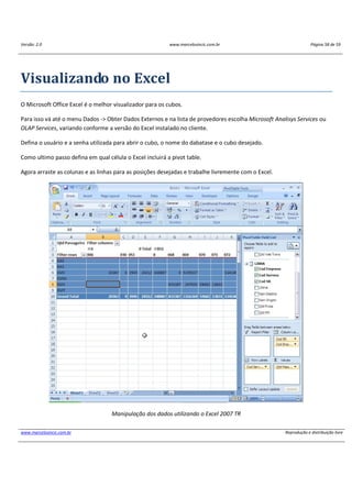 Versão: 2.0 www.marcelosincic.com.br Página 58 de 59
www.marcelosincic.com.br Reprodução e distribuição livre
Visualizando no Excel
O Microsoft Office Excel é o melhor visualizador para os cubos.
Para isso vá até o menu Dados -> Obter Dados Externos e na lista de provedores escolha Microsoft Analisys Services ou
OLAP Services, variando conforme a versão do Excel instalado no cliente.
Defina o usuário e a senha utilizada para abrir o cubo, o nome do dabatase e o cubo desejado.
Como ultimo passo defina em qual célula o Excel incluirá a pivot table.
Agora arraste as colunas e as linhas para as posições desejadas e trabalhe livremente com o Excel.
Manipulação dos dados utilizando o Excel 2007 TR
 