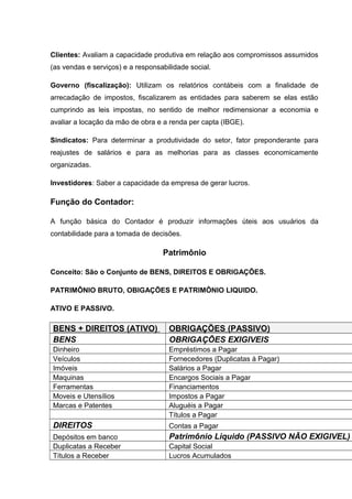 Clientes: Avaliam a capacidade produtiva em relação aos compromissos assumidos
(as vendas e serviços) e a responsabilidade social.
Governo (fiscalização): Utilizam os relatórios contábeis com a finalidade de
arrecadação de impostos, fiscalizarem as entidades para saberem se elas estão
cumprindo as leis impostas, no sentido de melhor redimensionar a economia e
avaliar a locação da mão de obra e a renda per capta (IBGE).
Sindicatos: Para determinar a produtividade do setor, fator preponderante para
reajustes de salários e para as melhorias para as classes economicamente
organizadas.
Investidores: Saber a capacidade da empresa de gerar lucros.
Função do Contador:
A função básica do Contador é produzir informações úteis aos usuários da
contabilidade para a tomada de decisões.
Patrimônio
Conceito: São o Conjunto de BENS, DIREITOS E OBRIGAÇÕES.
PATRIMÔNIO BRUTO, OBIGAÇÕES E PATRIMÔNIO LIQUIDO.
ATIVO E PASSIVO.
BENS + DIREITOS (ATIVO) OBRIGAÇÕES (PASSIVO)
BENS OBRIGAÇÕES EXIGIVEIS
Dinheiro Empréstimos a Pagar
Veículos Fornecedores (Duplicatas á Pagar)
Imóveis Salários a Pagar
Maquinas Encargos Sociais a Pagar
Ferramentas Financiamentos
Moveis e Utensílios Impostos a Pagar
Marcas e Patentes Aluguéis a Pagar
Títulos a Pagar
DIREITOS Contas a Pagar
Depósitos em banco Patrimônio Liquido (PASSIVO NÃO EXIGIVEL)
Duplicatas a Receber Capital Social
Títulos a Receber Lucros Acumulados
 