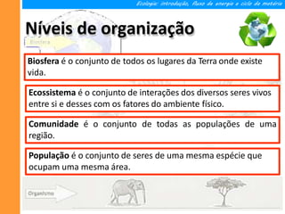 Níveis de organização
Ecologia: introdução, fluxo de energia e ciclo da matéria
População é o conjunto de seres de uma mesma espécie que
ocupam uma mesma área.
Comunidade é o conjunto de todas as populações de uma
região.
Ecossistema é o conjunto de interações dos diversos seres vivos
entre si e desses com os fatores do ambiente físico.
Biosfera é o conjunto de todos os lugares da Terra onde existe
vida.
 