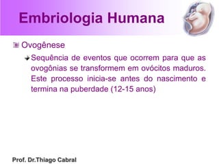 Embriologia Humana
Ovogênese
Sequência de eventos que ocorrem para que as
ovogônias se transformem em ovócitos maduros.
Este processo inicia-se antes do nascimento e
termina na puberdade (12-15 anos)
Prof. Dr.Thiago Cabral
 