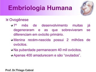 Embriologia Humana
Ovogênese
7º mês de desenvolvimento muitas já
degeneraram e as que sobreviveram se
diferenciam em ovócito primário.
Menina recém-nascida possui 2 milhões de
ovócitos.
Na puberdade permanecem 40 mil ovócitos.
Apenas 400 amadurecem e são “ovulados”.
Prof. Dr.Thiago Cabral
 