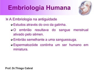 Embriologia Humana
A Embriologia na antiguidade
Estudos através do ovo da galinha.
O embrião resultava do sangue menstrual
ativado pelo sêmen.
Embrião semelhante a uma sanguessuga.
Espermatozóide continha um ser humano em
miniatura.
Prof. Dr.Thiago Cabral
 