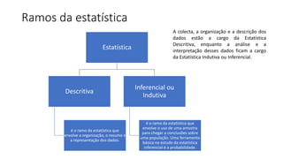 Ramos da estatística
Estatística
Descritiva
é o ramo da estatística que
envolve a organização, o resumo e
a representação ...