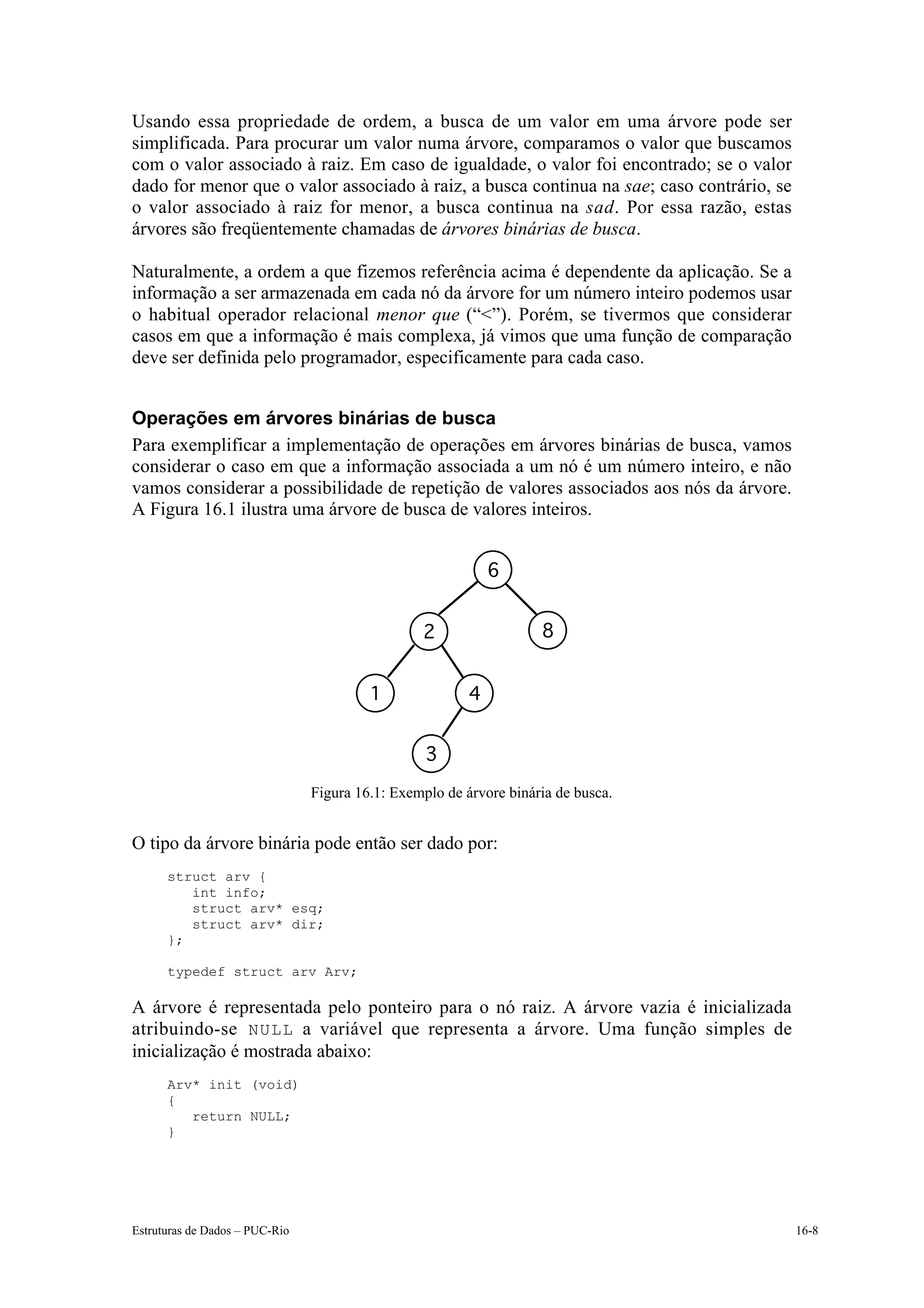 Usando essa propriedade de ordem, a busca de um valor em uma árvore pode ser
simplificada. Para procurar um valor numa árvore, comparamos o valor que buscamos
com o valor associado à raiz. Em caso de igualdade, o valor foi encontrado; se o valor
dado for menor que o valor associado à raiz, a busca continua na sae; caso contrário, se
o valor associado à raiz for menor, a busca continua na sad. Por essa razão, estas
árvores são freqüentemente chamadas de árvores binárias de busca.

Naturalmente, a ordem a que fizemos referência acima é dependente da aplicação. Se a
informação a ser armazenada em cada nó da árvore for um número inteiro podemos usar
o habitual operador relacional menor que (“<”). Porém, se tivermos que considerar
casos em que a informação é mais complexa, já vimos que uma função de comparação
deve ser definida pelo programador, especificamente para cada caso.


Operações em árvores binárias de busca
Para exemplificar a implementação de operações em árvores binárias de busca, vamos
considerar o caso em que a informação associada a um nó é um número inteiro, e não
vamos considerar a possibilidade de repetição de valores associados aos nós da árvore.
A Figura 16.1 ilustra uma árvore de busca de valores inteiros.


                                                             6


                                                 2                  8


                                         1               4


                                                  3
                                Figura 16.1: Exemplo de árvore binária de busca.


O tipo da árvore binária pode então ser dado por:
      struct arv {
         int info;
         struct arv* esq;
         struct arv* dir;
      };

      typedef struct arv Arv;

A árvore é representada pelo ponteiro para o nó raiz. A árvore vazia é inicializada
atribuindo-se NULL a variável que representa a árvore. Uma função simples de
inicialização é mostrada abaixo:
      Arv* init (void)
      {
         return NULL;
      }




Estruturas de Dados – PUC-Rio                                                              16-8
 