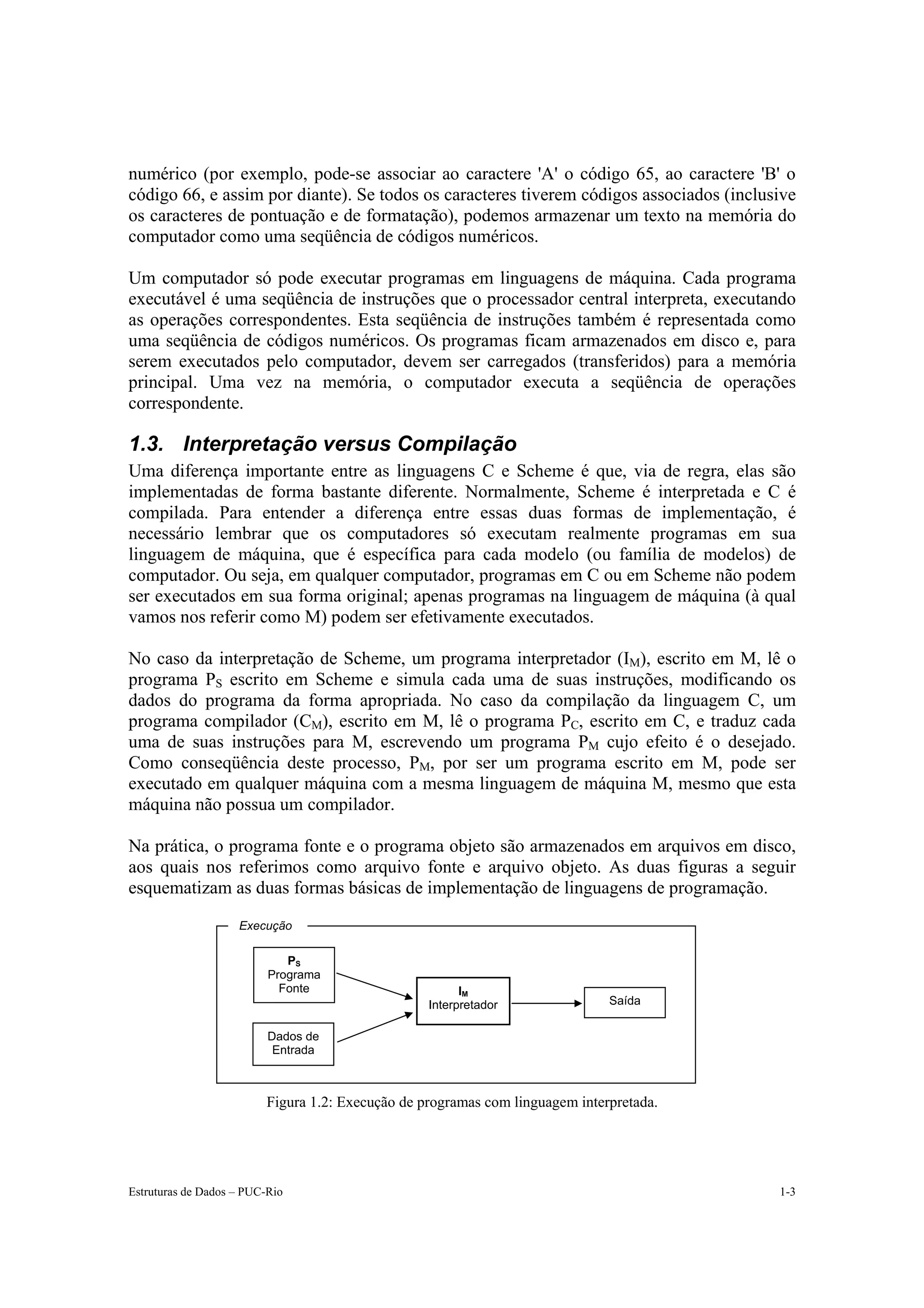numérico (por exemplo, pode-se associar ao caractere 'A' o código 65, ao caractere 'B' o
código 66, e assim por diante). Se todos os caracteres tiverem códigos associados (inclusive
os caracteres de pontuação e de formatação), podemos armazenar um texto na memória do
computador como uma seqüência de códigos numéricos.

Um computador só pode executar programas em linguagens de máquina. Cada programa
executável é uma seqüência de instruções que o processador central interpreta, executando
as operações correspondentes. Esta seqüência de instruções também é representada como
uma seqüência de códigos numéricos. Os programas ficam armazenados em disco e, para
serem executados pelo computador, devem ser carregados (transferidos) para a memória
principal. Uma vez na memória, o computador executa a seqüência de operações
correspondente.

1.3. Interpretação versus Compilação
Uma diferença importante entre as linguagens C e Scheme é que, via de regra, elas são
implementadas de forma bastante diferente. Normalmente, Scheme é interpretada e C é
compilada. Para entender a diferença entre essas duas formas de implementação, é
necessário lembrar que os computadores só executam realmente programas em sua
linguagem de máquina, que é específica para cada modelo (ou família de modelos) de
computador. Ou seja, em qualquer computador, programas em C ou em Scheme não podem
ser executados em sua forma original; apenas programas na linguagem de máquina (à qual
vamos nos referir como M) podem ser efetivamente executados.

No caso da interpretação de Scheme, um programa interpretador (IM), escrito em M, lê o
programa PS escrito em Scheme e simula cada uma de suas instruções, modificando os
dados do programa da forma apropriada. No caso da compilação da linguagem C, um
programa compilador (CM), escrito em M, lê o programa PC, escrito em C, e traduz cada
uma de suas instruções para M, escrevendo um programa PM cujo efeito é o desejado.
Como conseqüência deste processo, PM, por ser um programa escrito em M, pode ser
executado em qualquer máquina com a mesma linguagem de máquina M, mesmo que esta
máquina não possua um compilador.

Na prática, o programa fonte e o programa objeto são armazenados em arquivos em disco,
aos quais nos referimos como arquivo fonte e arquivo objeto. As duas figuras a seguir
esquematizam as duas formas básicas de implementação de linguagens de programação.

                    Execução

                             PS
                          Programa
                            Fonte                       IM
                                                  Interpretador               Saída

                          Dados de
                           Entrada



                         Figura 1.2: Execução de programas com linguagem interpretada.




Estruturas de Dados – PUC-Rio                                                            1-3
 