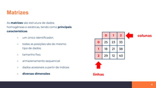 Matrizes
As matrizes são estrutura de dados
homogêneas e estáticas, tendo como principais
características:
○ um único identiﬁcador;
○ todas as posições são do mesmo
tipo de dados;
○ tamanho ﬁxo;
○ armazenamento sequencial
○ dados acessíveis a partir de índices
○ diversas dimensões
4
0 1 2
0 25 23 33
1 18 21 38
2 29 12 40
colunas
linhas
 