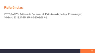 Referências
VETORAZZO, Adriana de Souza et al. Estrutura de dados. Porto Alegre:
SAGAH, 2018. ISBN 978-85-9502-393-2.
61
 