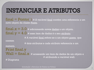 final = Ponto( ) # A variável final contém uma referencia a um
novo objeto da classe Ponto.

final.x = 3.0 # adicionando novos dados a um objeto.
final.y = 4.0 # esse item de dados é o seu atributo.
                 # A variável final refere-se a um objeto ponto que
contem
                 # dois atributos e cada atributo referencia a um
numero.
Print final.y
Wall = final.x          # acessando um item de dados de um objeto e
                                  # atribuindo a variável wall.
# Diagrama

              Introdução a Estrutura de Dados em Python
                                                                      8
 