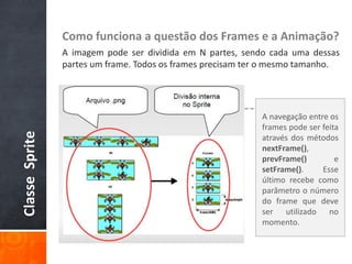 Como funciona a questão dos Frames e a Animação?
                A imagem pode ser dividida em N partes, sendo cada uma dessas
                partes um frame. Todos os frames precisam ter o mesmo tamanho.




                                                            A navegação entre os
                                                            frames pode ser feita
Classe Sprite




                                                            através dos métodos
                                                            nextFrame(),
                                                            prevFrame()         e
                                                            setFrame().     Esse
                                                            último recebe como
                                                            parâmetro o número
                                                            do frame que deve
                                                            ser utilizado no
                                                            momento.
 