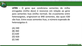 UFRN - O gene que condiciona sementes de milho
enrugadas (milho doce) é recessivo em relação ao gene
para sementes lisas (milho normal). Do cruzamento entre
heterozigotos, originaram-se 840 sementes, das quais 630
são lisas. Entre essas sementes lisas, o número esperado de
heterozigotas é:
(A) 240
(B) 360
(C) 630
(D) 420
(E) 540
 