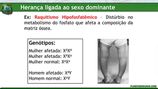 Ex: Raquitismo Hipofosfatêmico – Distúrbio no
metabolismo do fosfato que afeta a composição da
matriz óssea.
Genótipos:
Mulher afetada: XAXA
Mulher afetada: XAXa
Mulher normal: XaXa
Homem afetado: XAY
Homem normal: XaY
Herança ligada ao sexo dominante
 