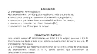 Em resumo:
Os cromossomos homólogos são:
•dois cromossomos, um dos quais é recebido da mãe e outro do pai;
•cromossomos pares que possuem muitas semelhanças genéticas;
•cromossomos que determinam as características físicas das pessoas;
•cromossomos presentes nas células diploides (2n);
•cromossomos que têm origem na meiose.
Cromossomos humanos
Uma pessoa possui 46 cromossomos no total: 23 de origem paterna e 23 de
origem materna. Lado a lado, esses cromossomos formam 22 pares, ou seja, 44
cromossomos homólogos.
Os 2 cromossomos que restam para completar os 46 cromossomos de uma pessoa
são cromossomos sexuais (X e Y), sendo aqueles que determinam as
características de cada sexo.
 