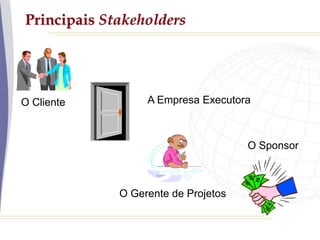 Principais Stakeholders
O Cliente A Empresa Executora
O Gerente de Projetos
O Sponsor
 