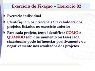 Exercício de Fixação – Exercício 02
Exercício individual
Identifiquem os principais Stakeholders dos
projetos listados no exercício anterior
Para cada projeto, tente identificar COMO e
QUANDO (em que momento ou fase) cada
stakeholder pode influenciar positivamente ou
negativamente nos resultados dos projetos
 