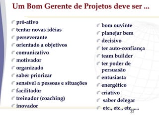 31
Um Bom Gerente de Projetos deve ser ...
pró-ativo
tentar novas idéias
perseverante
orientado a objetivos
comunicativo
motivador
organizado
saber priorizar
sensível a pessoas e situações
facilitador
treinador (coaching)
inovador
bom ouvinte
planejar bem
decisivo
ter auto-confiança
team builder
ter poder de
persuasão
entusiasta
energético
criativo
saber delegar
etc., etc., etc.,....
 