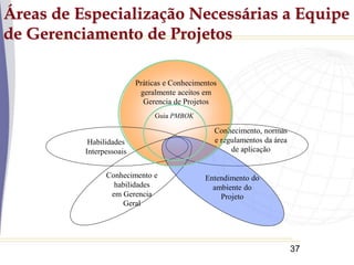 37
Conhecimento e
habilidades
em Gerencia
Geral
Áreas de Especialização Necessárias a Equipe
de Gerenciamento de Projetos
Práticas e Conhecimentos
geralmente aceitos em
Gerencia de Projetos
Habilidades
Interpessoais
Conhecimento, normas
e regulamentos da área
de aplicação
Guia PMBOK
Entendimento do
ambiente do
Projeto
 