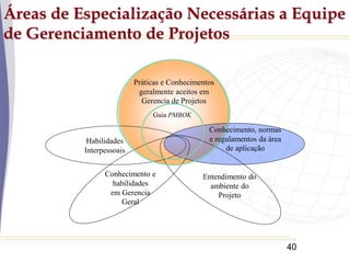 40
Conhecimento e
habilidades
em Gerencia
Geral
Áreas de Especialização Necessárias a Equipe
de Gerenciamento de Projetos
Práticas e Conhecimentos
geralmente aceitos em
Gerencia de Projetos
Habilidades
Interpessoais
Entendimento do
ambiente do
Projeto
Guia PMBOK
Conhecimento, normas
e regulamentos da área
de aplicação
 