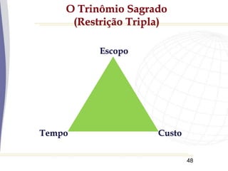 48
O Trinômio Sagrado
(Restrição Tripla)
Escopo
Custo
Tempo
 