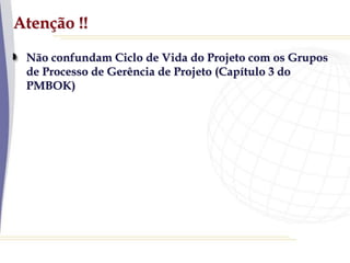 Atenção !!
Não confundam Ciclo de Vida do Projeto com os Grupos
de Processo de Gerência de Projeto (Capítulo 3 do
PMBOK)
 