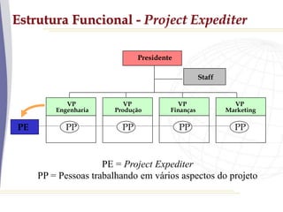 Estrutura Funcional - Project Expediter
Presidente
Staff
VP
Engenharia
VP
Produção
VP
Finanças
VP
Marketing
PE PP PP PP PP
PE = Project Expediter
PP = Pessoas trabalhando em vários aspectos do projeto
 