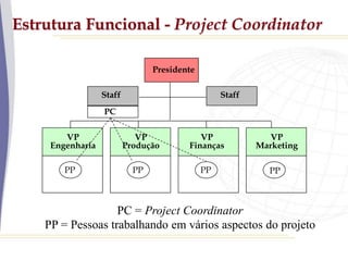 Estrutura Funcional - Project Coordinator
Presidente
Staff
VP
Engenharia
VP
Produção
VP
Finanças
VP
Marketing
PP PP PP PP
PC = Project Coordinator
PP = Pessoas trabalhando em vários aspectos do projeto
Staff
PC
 