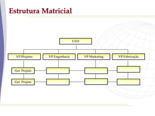 Estrutura Matricial
CEO
VP Projetos
Ger. Projeto
Ger. Projeto
VP Fabricação
VP Engenharia VP Marketing
 