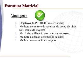 Estrutura Matricial
Vantagens:
1. Objetivos do PROJETO mais visíveis;
2. Melhora o controle de recursos do ponto de vista
do Gerente de Projeto;
3. Maximiza utilização dos recursos escassos;
4. Melhora alocação de recursos ociosos;
5. Melhor coordenação de projeto.
 