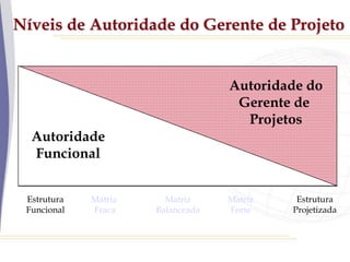 Níveis de Autoridade do Gerente de Projeto
Autoridade do
Gerente de
Projetos
Estrutura
Funcional
Matriz
Fraca
Matriz
Balanceada
Matriz
Forte
Estrutura
Projetizada
Autoridade
Funcional
 