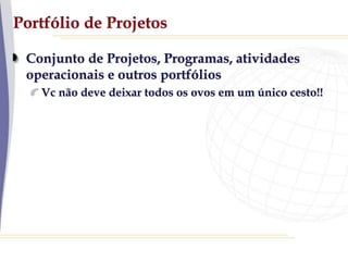 Portfólio de Projetos
Conjunto de Projetos, Programas, atividades
operacionais e outros portfólios
Vc não deve deixar todos os ovos em um único cesto!!
 