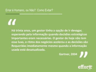 Errar é Humano, ou Não? Como Evitar? 
“ 
Há trinta anos, um gestor tinha a opção de ir devagar, 
esperando pela informação quando decisões estratégicas 
Importantes eram necessárias. O gestor de hoje não tem 
esse luxo, o ritmo dos negócios acelerou e as decisões são 
Requeridas imediatamente mesmo quando a informação 
usada está desatualizada. 
“ 
Gartner, 2004 
 