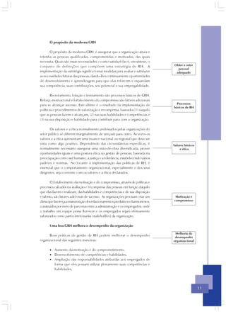 O propósito da moderna GRH

       O propósito da moderna GRH é assegurar que a organização atraia e
retenha as pessoas qualificadas, comprometidas e motivadas, das quais
necessita. Quais são essas necessidades e como satisfazê-las é, em síntese, o
conjunto de definições que compõem uma estratégia de RH. A                        Obter e reter
                                                                                    pessoal
implementação da estratégia significa tomar medidas para avaliar e satisfazer      adequado
as necessidades futuras das pessoas, dando-lhes continuamente oportunidades
de desenvolvimento e aprendizagem para que elas reforcem e expandam
sua competência, suas contribuições, seu potencial e sua empregabilidade.

        Recrutamento, lotação e treinamento são processos básicos de GRH.
Reforço motivacional e fortalecimento do compromisso são fatores adicionais
para se alcançar sucesso. Este último é o resultado da implementação de             Processos
                                                                                  básicos de RH
políticas e procedimentos de valorização e recompensa, baseados (1) naquilo
que as pessoas fazem e alcançam, (2) nas suas habilidades e competências e
(3) na sua disposição e habilidade para contribuir para com a organização.

       Os valores e a ética normalmente professados pelas organizações do
setor público só diferem marginalmente de um país para outro. Às vezes os
valores e a ética apresentam uma nuance nacional ou regional que deve ser
vista como algo positivo. Dependendo das circunstâncias específicas, é            Valores básicos
normalmente necessário assegurar uma mão-de-obra diversificada, prover                e ética
oportunidades iguais e uma postura ética na gestão de pessoas, baseada na
preocupação com o ser humano, a justiça e a tolerância, estabelecendo vários
padrões e normas. No tocante à implementação das políticas de RH, é
essencial que o comportamento organizacional, especialmente o dos seus
dirigentes, seja coerente com os valores e a ética declarados.

       O fortalecimento da motivação e do compromisso, através de políticas e
processos calcados na avaliação e recompensa das pessoas em função daquilo
que elas fazem e realizam, das habilidades e competências e de sua disposição
e talento, são fatores adicionais de sucesso. As organizações precisam criar um    Motivação e
clima que favoreça a manutenção dos relacionamentos produtivos e harmoniosos,     compromisso
construídos por meio de parcerias entre a administração e os empregados, onde
o trabalho em equipe possa florescer e os empregados sejam efetivamente
valorizados como partes interessadas (stakeholders) da organização.

       Uma boa GRH melhora o desempenho da organização

                                                                                   Melhoria do
      Boas práticas de gestão de RH podem melhorar o desempenho
                                                                                   desempenho
organizacional das seguintes maneiras:                                            organizacional

       • Aumento da motivação e do comprometimento.
       • Desenvolvimento de competências e habilidades.
       • Ampliação das responsabilidades atribuídas aos empregados de
         forma que eles possam utilizar plenamente suas competências e
         habilidades.




                                                                                                    11
 