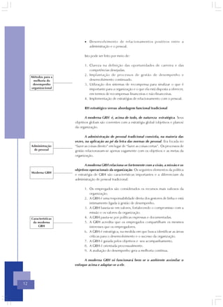 • Desenvolvimento de relacionamentos positivos entre a
                                administração e o pessoal.

                              Isto pode ser feito por meio de:

                              1. Clareza na definição das oportunidades de carreira e das
                                 competências desejadas.
                              2. Implantação de processos de gestão de desempenho e
     Métodos para a
      melhoria do                desenvolvimento continuado.
      desempenho              3. Utilização dos sistemas de recompensa para sinalizar o que é
     organizacional              importante para a organização e o que ela está disposta a oferecer,
                                 em termos de recompensas financeiras e não-financeiras.
                              4. Implementação de estratégias de relacionamento com o pessoal.

                              RH estratégico versus abordagem funcional tradicional

                              A moderna GRH é, acima de tudo, de natureza estratégica. Seus
                       objetivos globais são coerentes com a estratégia global (objetivos e planos)
                       da organização.

                              A administração de pessoal tradicional consistia, na maioria das
                       vezes, na aplicação ao pé da letra das normas de pessoal. Era focada no
     Administração     “fazer as coisas direito” em lugar de “fazer as coisas certas”. Os processos de
      de pessoal       gestão relacionavam-se apenas vagamente com os objetivos e as metas da
                       organização.

                              A moderna GRH relaciona-se fortemente com a visão, a missão e os
                       objetivos operacionais da organização. Os seguintes elementos da política
     Moderna GRH
                       e estratégia de GRH são características importantes e a diferenciam da
                       administração de pessoal tradicional:

                             1. Os empregados são considerados os recursos mais valiosos da
                                organização.
                             2. A GRH é uma responsabilidade direta dos gestores de linha e está
                                intimamente ligada à gestão de desempenho.
                             3. A GRH baseia-se em valores, fortalecendo o compromisso com a
                                missão e os valores da organização.
     Características         4. A GRH pauta-se por políticas expressas e documentadas.
      da moderna             5. A GRH acredita que os empregados compartilham os mesmos
         GRH                    interesses que os empregadores.
                             6. A GRH é estratégica, na medida em que busca identificar as áreas
                                críticas para o desenvolvimento e o sucesso da organização.
                             7. A GRH é guiada pelos objetivos e seu acompanhamento.
                             8. A GRH é orientada processualmente.
                             9. A avaliação do desempenho gera a melhoria contínua.

                             A moderna GRH só funcionará bem se o ambiente assimilar o
                       enfoque acima e adaptar-se a ele.




12
 