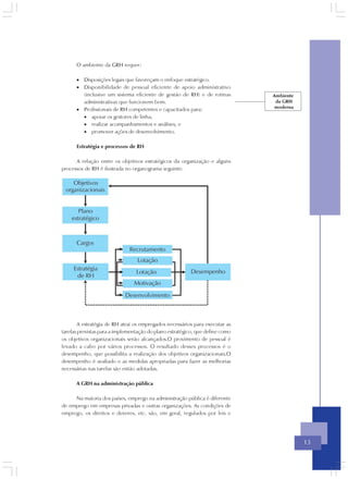 O ambiente da GRH requer:

      • Disposições legais que favoreçam o enfoque estratégico.
      • Disponibilidade de pessoal eficiente de apoio administrativo
        (inclusive um sistema eficiente de gestão de RH) e de rotinas          Ambiente
        administrativas que funcionem bem.                                      da GRH
                                                                                moderna
      • Profissionais de RH competentes e capacitados para:
        • apoiar os gestores de linha,
        • realizar acompanhamentos e análises, e
        • promover ações de desenvolvimento.

      Estratégia e processos de RH

      A relação entre os objetivos estratégicos da organização e alguns
processos de RH é ilustrada no organograma seguinte.




        A estratégia de RH atrai os empregados necessários para executar as
tarefas previstas para a implementação do plano estratégico, que define como
os objetivos organizacionais serão alcançados.O provimento de pessoal é
levado a cabo por vários processos. O resultado desses processos é o
desempenho, que possibilita a realização dos objetivos organizacionais.O
desempenho é avaliado e as medidas apropriadas para fazer as melhorias
necessárias nas tarefas são então adotadas.

      A GRH na administração pública

     Na maioria dos países, emprego na administração pública é diferente
de emprego em empresas privadas e outras organizações. As condições de
emprego, os direitos e deveres, etc. são, em geral, regulados por leis e




                                                                                          13
 