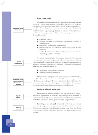 O que é capacitação?

                              Capacitação ou desenvolvimento de capacidade compreende as ações
                      que visam a aumentar as habilidades e competências de indivíduos, unidades
                      da organização, a organização como um todo ou um sistema de organizações,
     Organizações e   para que possam executar as suas respectivas missões, funções e tarefas eficaz
       indivíduos
                      e eficientemente. Capacitação, portanto, é um conceito muito amplo e que
                      inclui uma ampla gama de medidas e atividades, que promovem o
                      desenvolvimento de:

                            • produtos e serviços;
                            • sistemas, métodos, procedimentos e processos gerenciais e
                              administrativos;
                            • competência profissional e administrativa;
                            • melhorias setoriais ou globais do sistema educacional de uma
                              sociedade;
                            • quadro de referência institucional (veja abaixo) do setor da
                              administração pública em análise.

                             A essência da capacitação é a provisão e desenvolvimento das
                      competências de indivíduos e organizações. Competência pode ser definida
       O que é        como a habilidade e disposição de indivíduos ou organizações para executar
     competência?
                      atividades e alcançar certos objetivos e resultados. Exemplos de habilidades:Ø
                      lidar com uma determinada situação;

                            • agir eficiente e eficazmente, e também
                            • administrar situações imprevistas.

                            Os componentes principais de uma competência são os conhecimentos,
     Combinação de    as habilidades, as atitudes e os valores. Estes últimos unem as pessoas em
     conhecimentos,   relações de aprendizagem. Somente através do desenvolvimento de
      habilidades e   competências torna-se possível assegurar a sustentabilidade dos resultados
        atitudes
                      de outras ações de capacitação em sistemas ou procedimentos.

                            Quadro de referência institucional

                             O conceito de institucionalização tem uma importância central.
        Aspecto       Instituições representam as normas e regras que guiam e delimitam o
        formal        comportamento de indivíduos e organizações. O quadro institucional pode
                      ser formal, consistindo em leis, políticas, regras e regulamentos.

                            Também pode ser informal, consistindo em normas não escritas
                      e valores que regem as interações entre os indivíduos, dentro e fora
         Aspecto
        informal
                      do contexto organizacional. O quadro institucional inclui as esferas
                      econômicas, sociais, culturais e políticas nas quais organizações
                      operam.




16
 