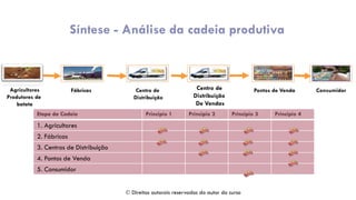 Síntese - Análise da cadeia produtiva
Fábricas Centro de
Distribuição
De Vendas
Pontos de Venda ConsumidorCentro de
Distribuição
Agricultores
Produtores de
batata
Etapa da Cadeia Principio 1 Principio 2 Principio 3 Principio 4
1. Agricultores
2. Fábricas
3. Centros de Distribuição
4. Pontos de Venda
5. Consumidor
 Direitos autorais reservados do autor do curso
 