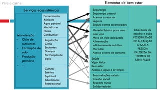 Manutenção
- Ciclo de
nutrientes
- Formação de
solo
- Produção
primária
- ...
Fornecimento
Alimento
Água potável
Madeiras e
fibras
Combustível
Regulação
Clima
Enchentes
Doenças
Purificação de
água
Cultural
Estético
Espiritual
Educacional
Recreacional
Segurança
Segurança pessoal
Acessos a recursos
seguros
Seguro contra calamidades
Material básico para uma
boa vida
Meio de vida adequado
Alimentação
suficientemente nutritiva
Moradia
Acesso a bens de consumo
Saúde
Vigor físico
Bem estar
Acesso a água e ar limpos
Boas relações sociais
Coesão social
Respeito mútuo
Solidariedade
Liberdade de
escolha e ação
POSSIBILIDADE
DE ALCANÇAR
O QUE A
PESSOA
VALORIZA EM
TERMOS DE
SER E FAZER
Serviços ecossistêmicos
Elementos de bem estarPele e carne
 