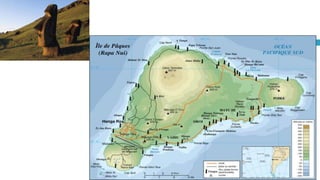 • Os Rapanui viveram isolados na Ilha de Páscoa numa
organização social complexa e repleta grandes obras;
• São provenientes da região das Ilhas Marquesas (Polinésia Francesa);
• Faziam parte do Triângulo Polinésio do Pacífico, tinham intenso comércio
entre as ilhas até se cessar no século XII;
• Cresceram como civilização explorando os recursos da ilha:
madeira, solos, água, rochas. Pop. Atingiu 30.000 pessoas no auge;
• 11ou 12 clãs dividiram a ilha em territórios;
• Territórios não eram homogêneos em recursos;
• Competição entre clãs sobre a construção dos Moais (887);
• Demanda por recursos intensificou na construção dos Moais
(comida, cordas, madeiras, trabalhadores,etc);
• Ensinaram aos filhos que a ilha fornecia matéria prima em
abundância e não se questionava limites ecossistêmicos para o
crescimento da civilização Rapanui.
 