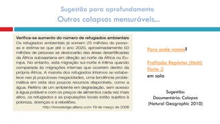 Outros colapsos mensuráveis...
Para onde vamos?
Profissão Repórter (Haiti)
Parte 2
em sala
Sugestão:
Documentário: Colapso
(Natural Geographic 2010)
Sugestão para aprofundamento
 
