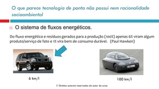O que parece tecnologia de ponta não possui nem racionalidade
socioambiental
Do fluxo energético e resíduos gerados para a produção (100%) apenas 6% viram algum
produto/serviço de fato e 1% vira bem de consumo durável. (Paul Hawken)
6 km/l 100 km/l
 O sistema de fluxos energéticos.
 Direitos autorais reservados do autor do curso
 
