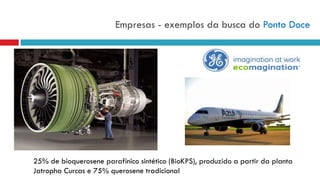 Empresas - exemplos da busca do Ponto Doce
25% de bioquerosene parafínico sintético (BioKPS), produzido a partir da planta
Jatropha Curcas e 75% querosene tradicional
 