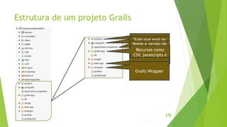 Estrutura de um projeto Grails 
Tudo que está no 
classpath, como 
Nome e versão da 
aplicação, versão 
Recursos como 
CSV, javascripts e 
19 
Lista de Plugins 
utilizados 
bibliotecas 
do Grails 
imagens 
WEB-INF, META-INF 
Grails Wrapper 
 